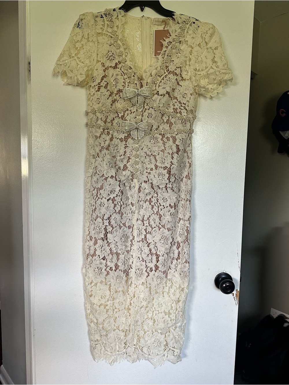 Ivory Lace Midi Dress with Decorative Waist Accents